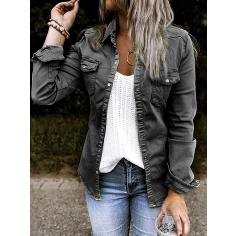 Full Size Snap Down Long Sleeve Shacket
