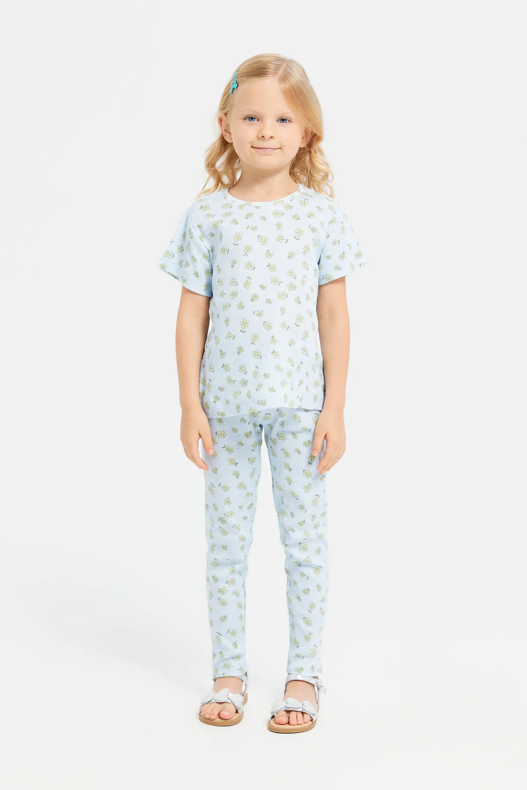 Girls Blue Printed Leggings