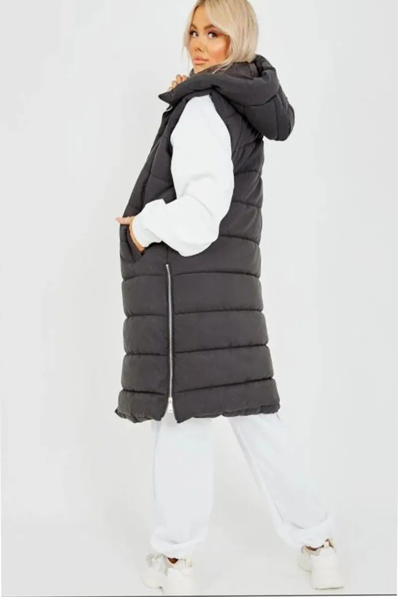 Longline Black Padded Hooded Gilet
