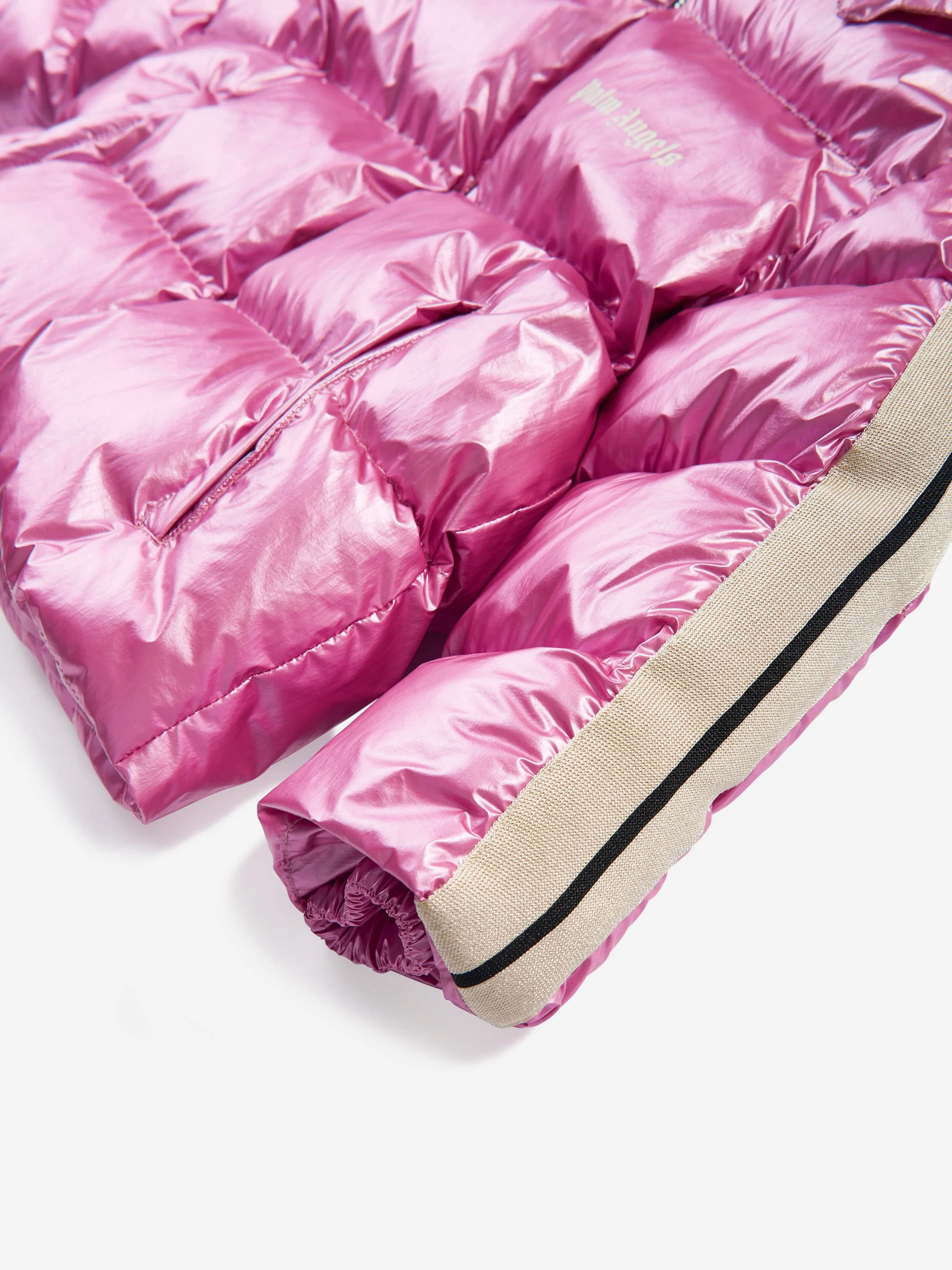 Palm Angels Girls Shiny Track Hooded Puffer Jackt in Pink