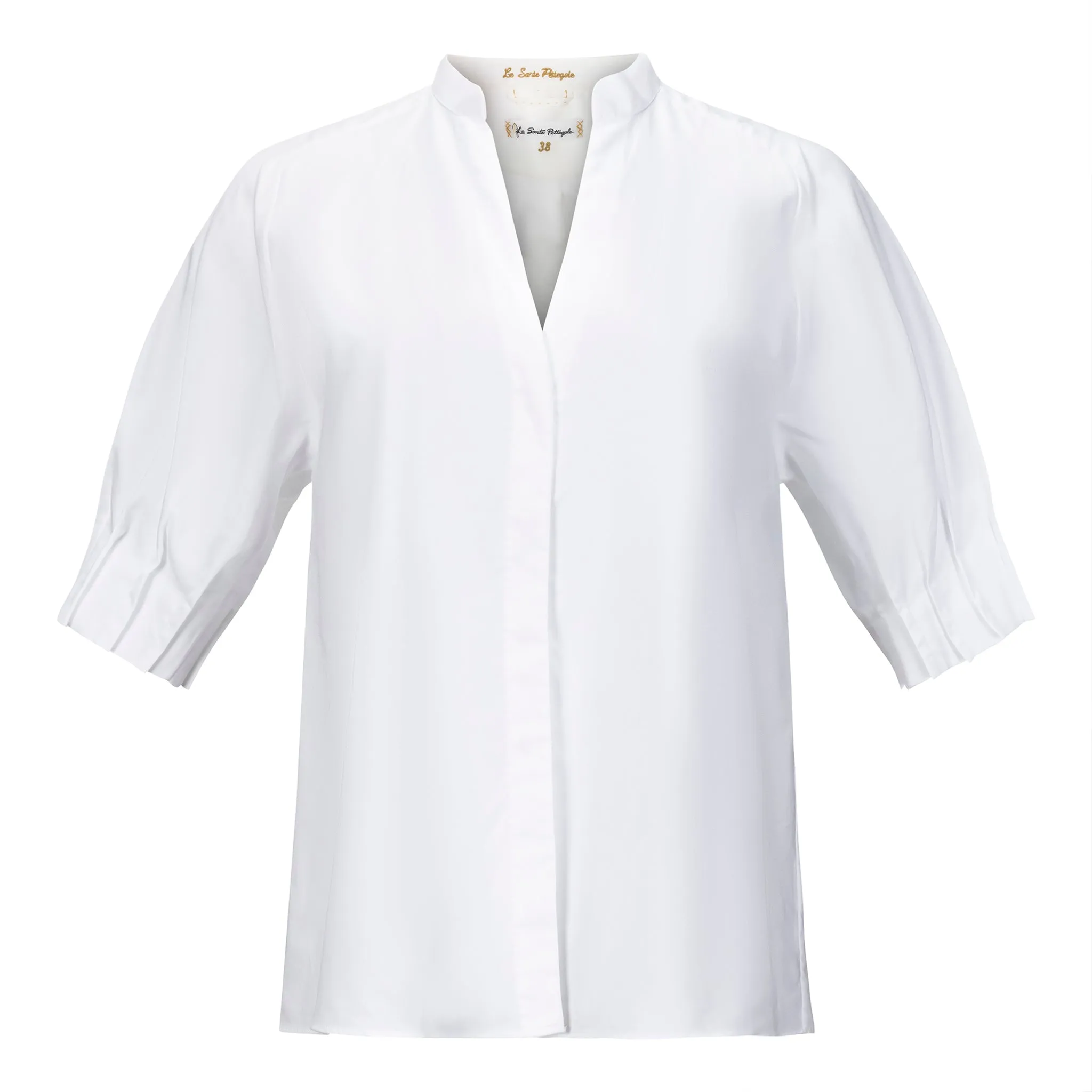 Pleated Short Sleeve Button Down Blouse - White