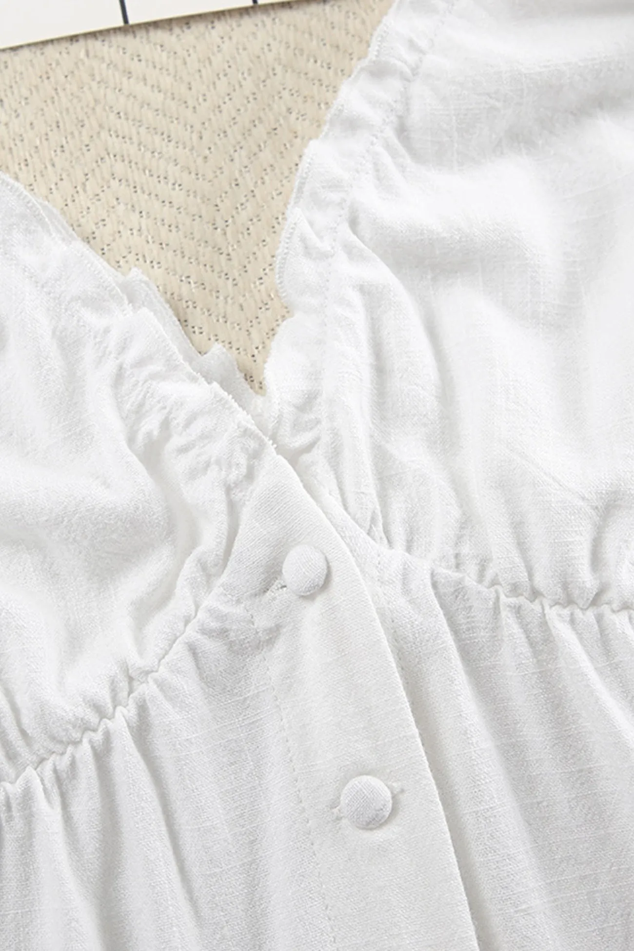 Ruched V Neck Button-down Linen Dress
