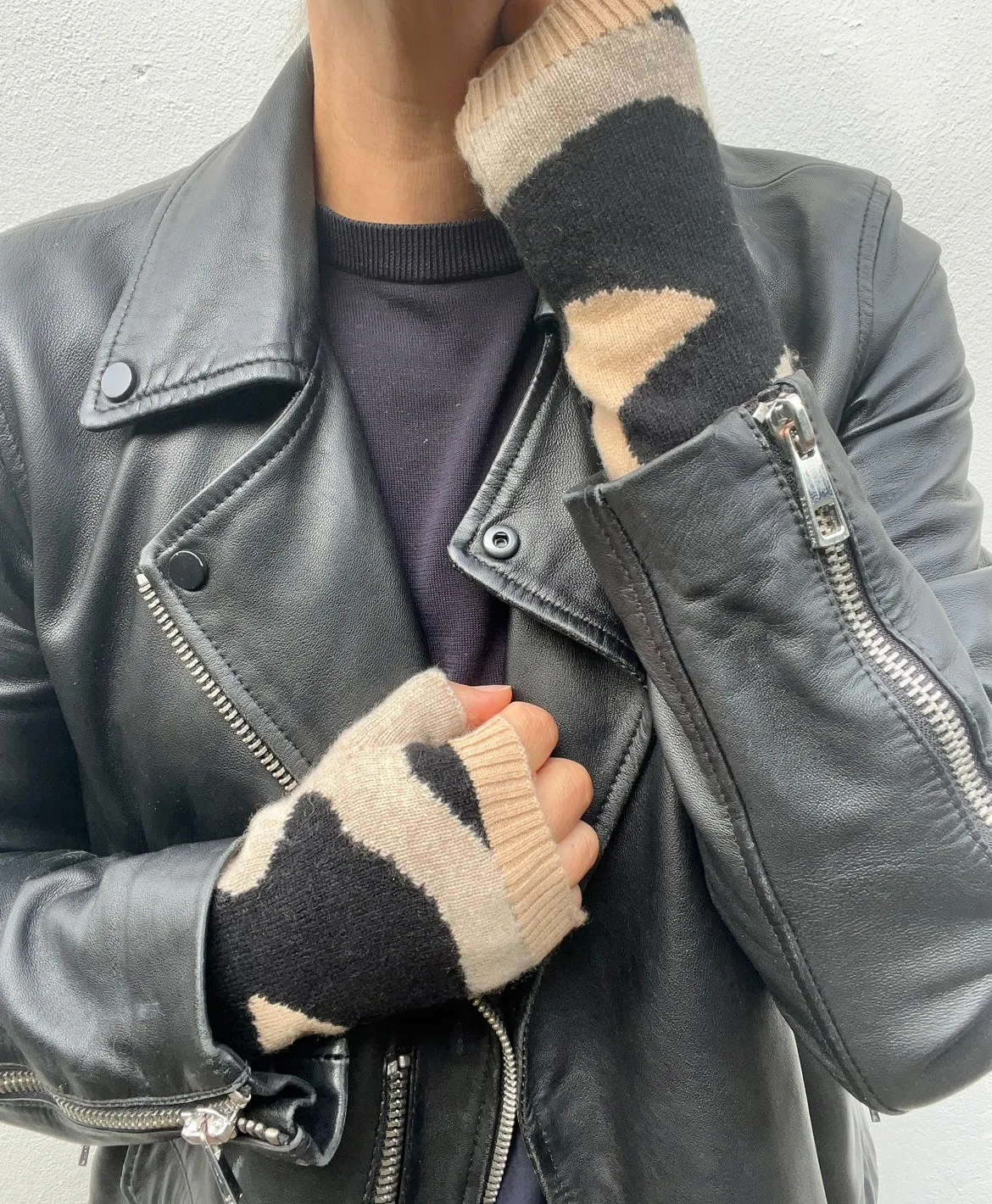 She’s Leopard camo cashmere wristwarmers