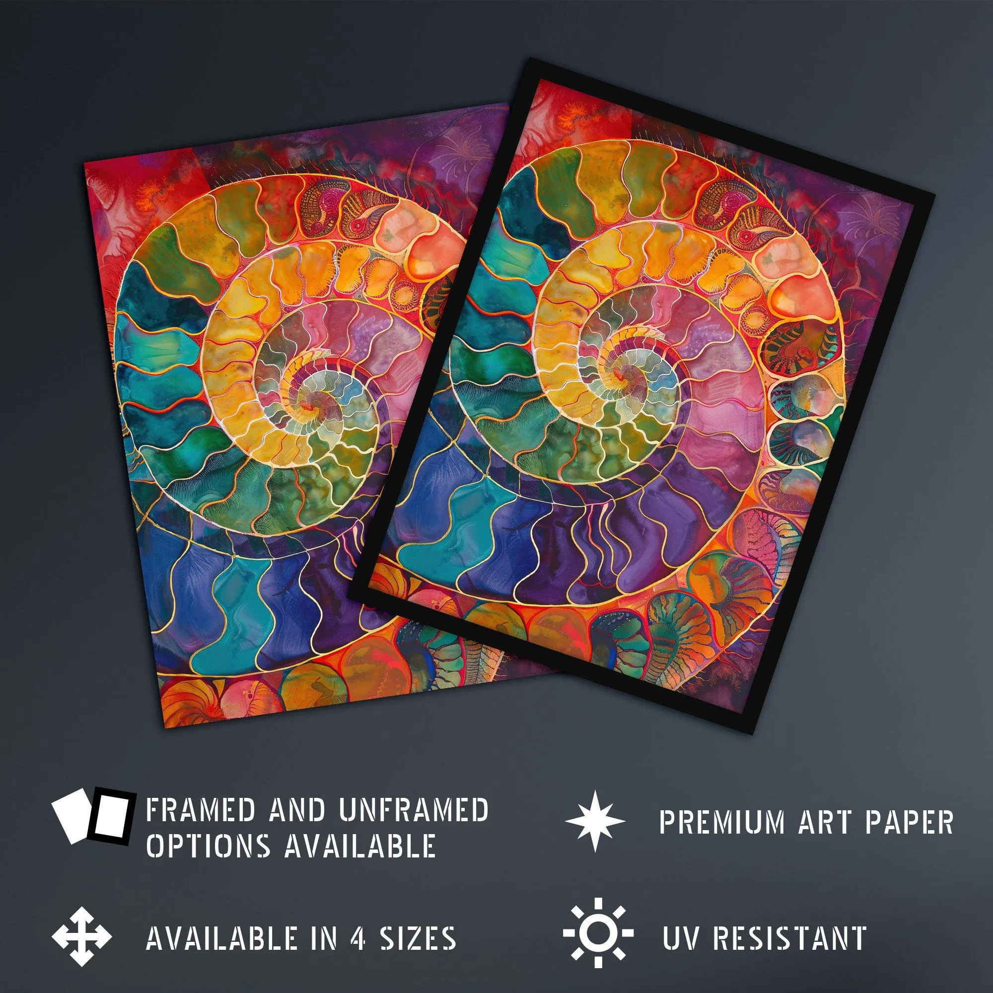 Wall Art & Pictures | Ammonite Shell Fossil Rainbow Pattern Painting Framed Art Print | Artery8